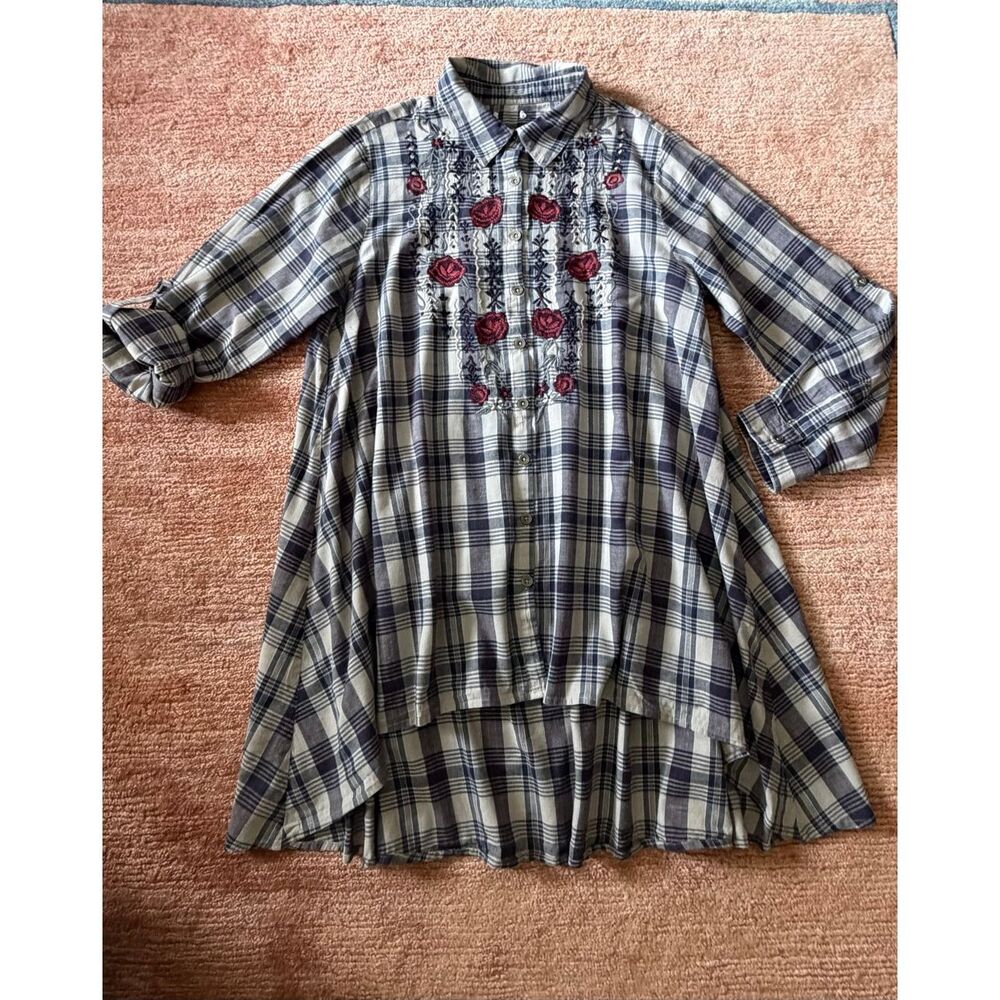 Plaid Embroidered Tunic Shirt Dress Boho High Low Oversized M-L